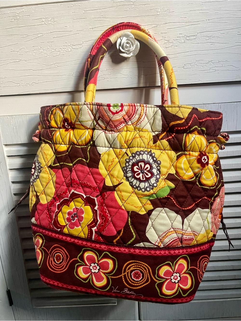 Vera Bradley Retired Floral Drawstring Bucket Tote Quilted Pink, Yellow, Brown